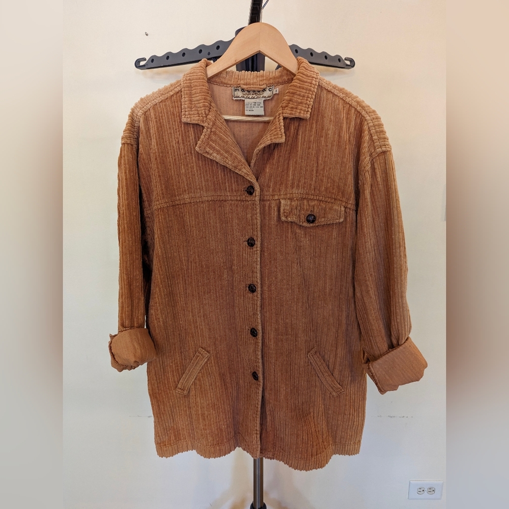 Vintage Corduroy Shirt Jacket in faded peach with leather button detail